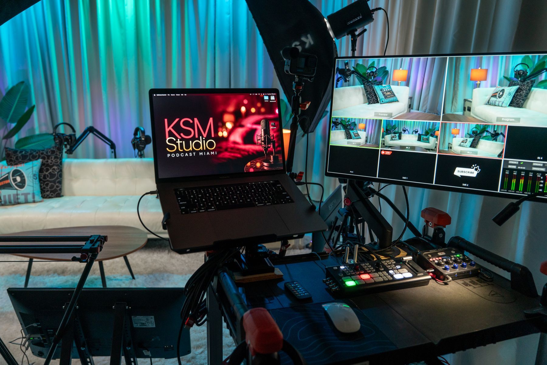 Podcast control room with live video switcher, monitors and three Sony cinema cameras in Miami