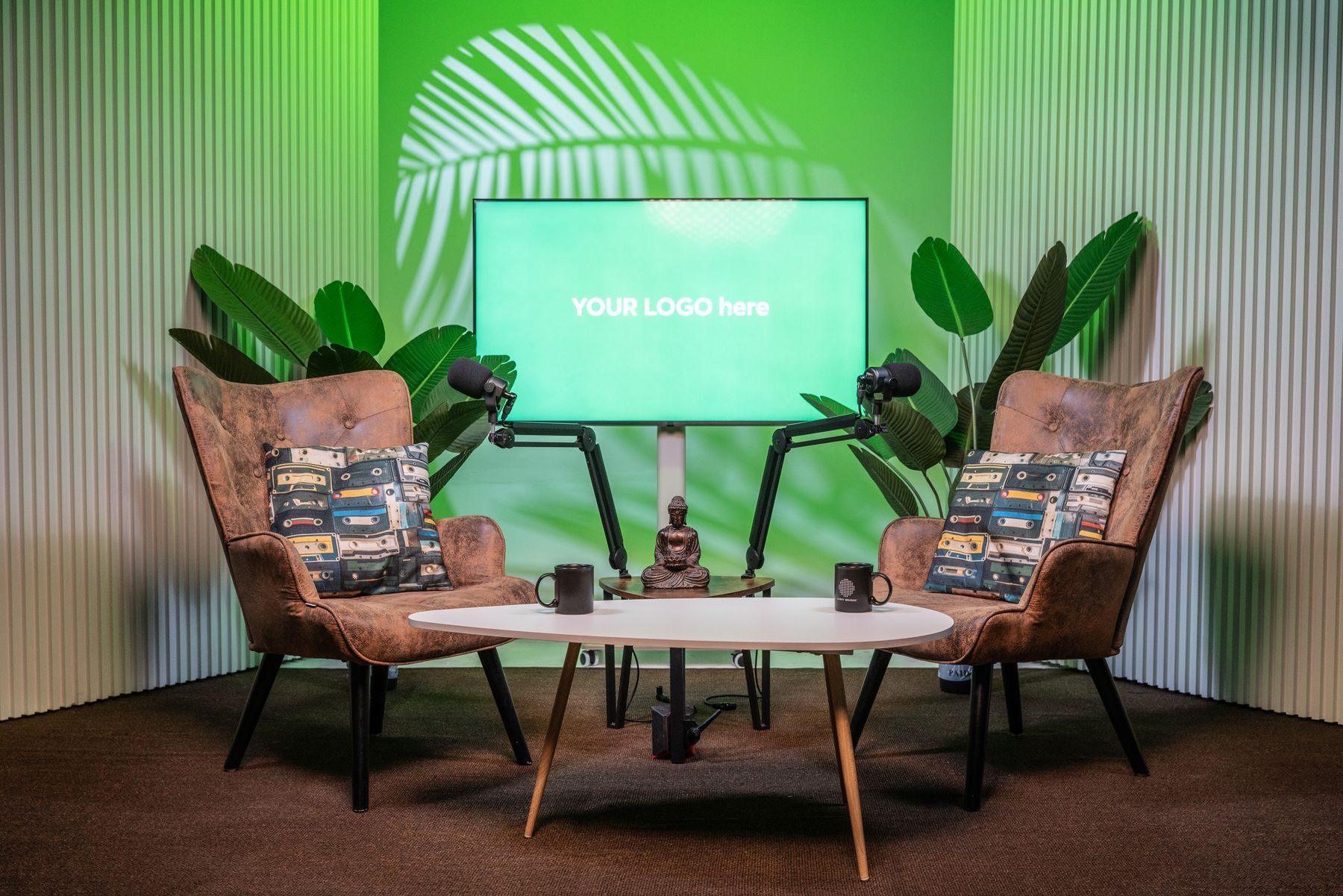 Two-person video podcast interview set with green lighting and your logo on screen, Miami